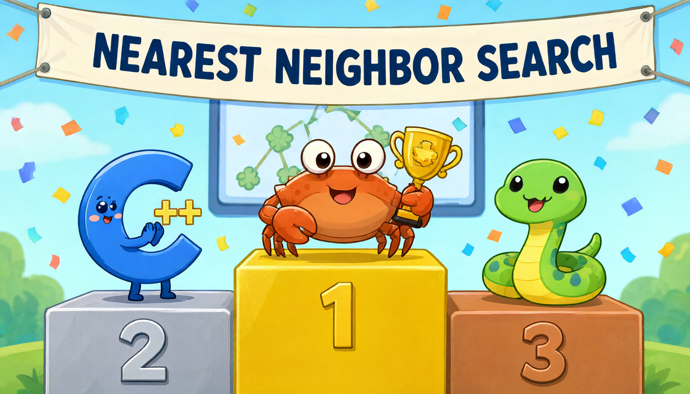 Cartoon podium: Ferris the Rust crab in first place, C++ in second, Python in third — nearest neighbor search championship