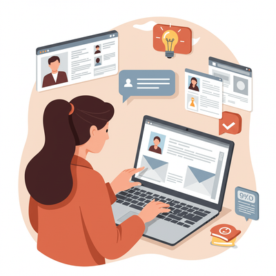 Illustration of a motivated student sending a well-crafted email to a potential PhD advisor. Speech bubbles feature a handshake, light bulb, and checkmark, while background elements like a research portfolio, website, and GitHub repository showcase the student