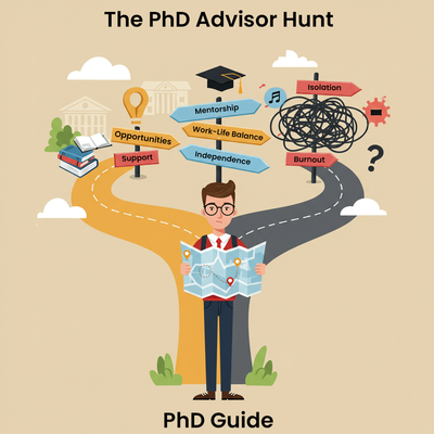 Flat design illustration of a PhD student’s survival kit, featuring a toolbox with essential tools labeled 