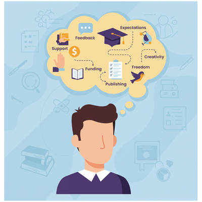 Flat design illustration of a PhD student with a thought bubble filled with keywords and symbols representing advisor-related concerns. Words like 