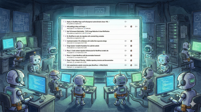 The GitHub pull request list showing multiple Copilot AI agents working in parallel — Phase 1, Phase 2, Design System, CSS architecture, and performance optimization all merged by AI
