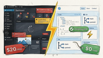 Illustration of website migration from WordPress to a modern static site with AI assistance