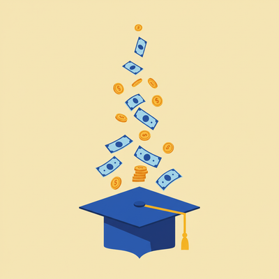Flat illustration of money flowing into an open book or graduation cap, symbolizing investment in education. Coins and bills cascade into the book or cap, representing financial support for academic success.