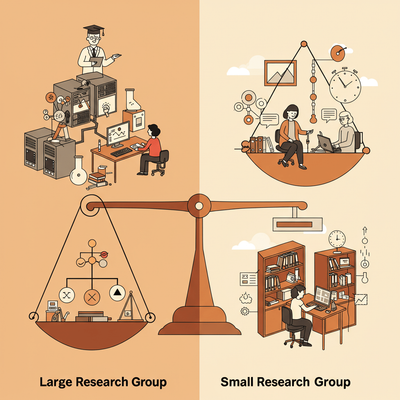 Illustration of students in different-sized research groups, ranging from small, closely-knit teams to large, diverse labs. Speech bubbles contain icons representing collaboration, mentorship, and workload balance, while a checklist document highlights factors to consider when choosing a research group size.