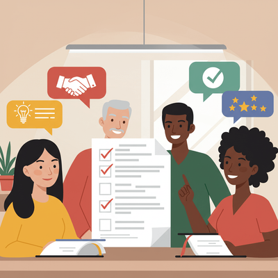 Illustration of a group of happy students sharing positive experiences about their PhD advisor. Speech bubbles contain supportive icons like checkmarks, teamwork symbols, and light bulbs, with a checklist document highlighting key qualities of a great advisor
